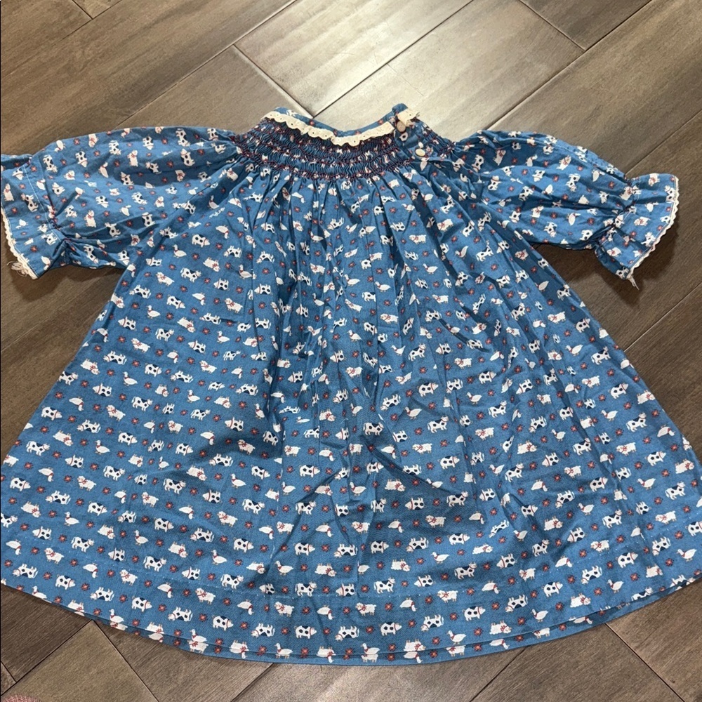 Vintage Handmade Smocked Farm Animal Print youth Girls Dress SZ 2T/ 3T